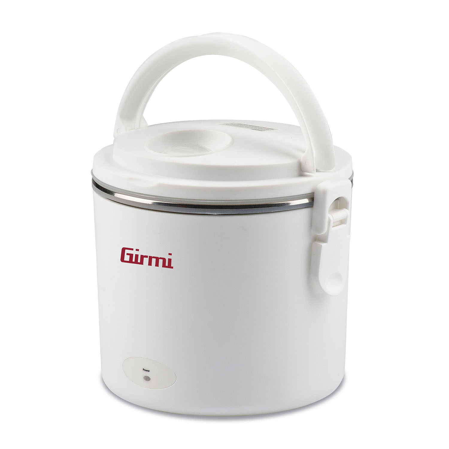 Cuociriso bianco con manico e logo rosso 'Girmi'.