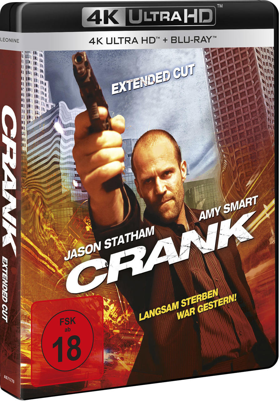 DVD-Cover des Films 'Crank'. Jason Statham hält eine Waffe. Amy Smart ist auf dem Cover, mit Text.
