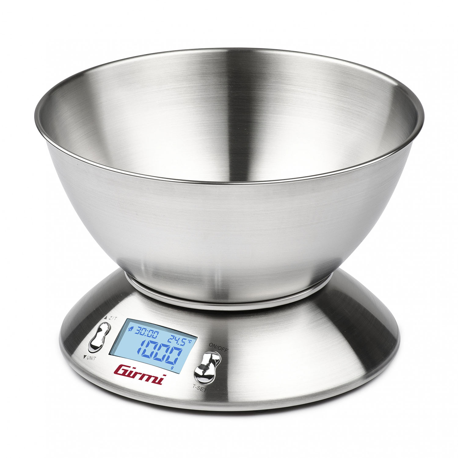 Una bilancia da cucina in acciaio inossidabile con display digitale e ciotola grande.