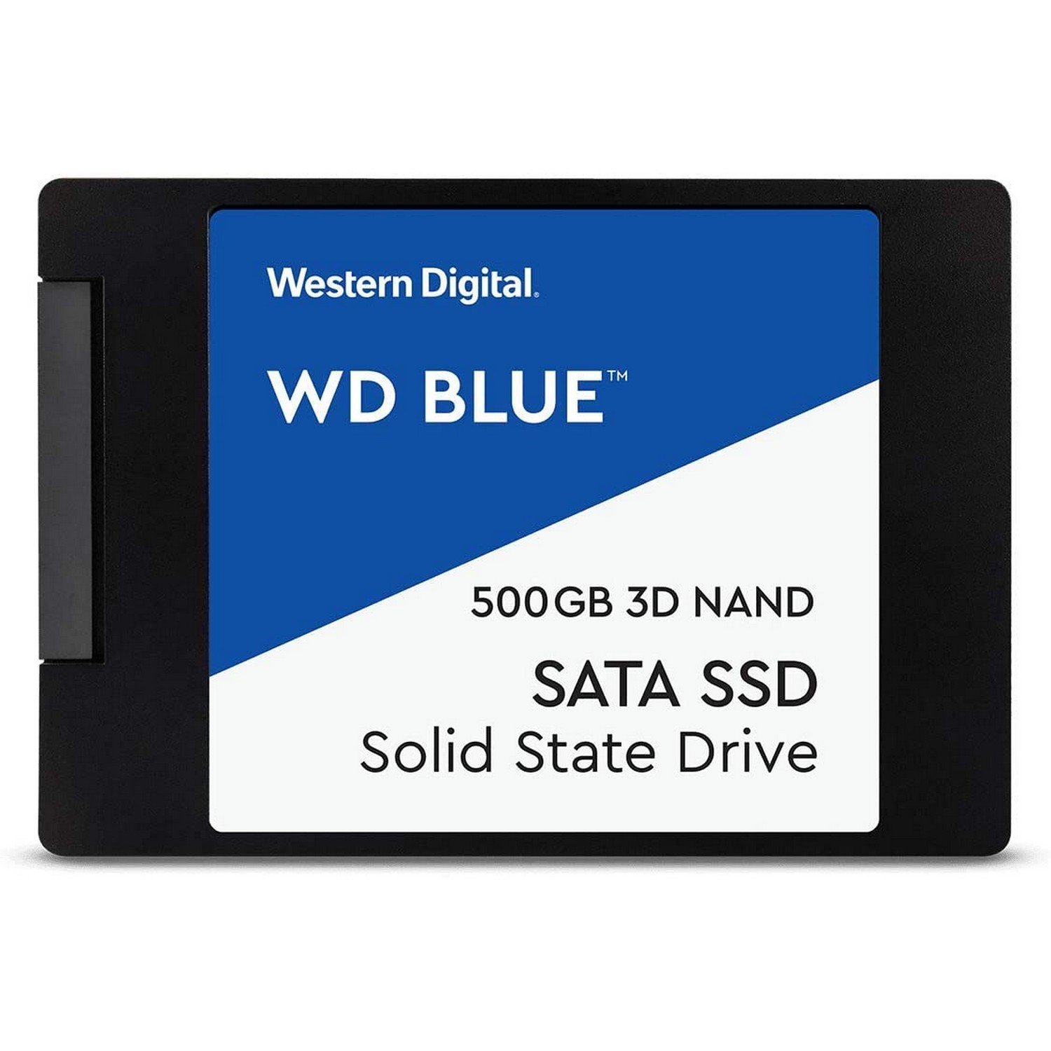 Un SSD SATA WD Blue negro y azul. El texto dice: Western Digital, WD BLUE, 500 GB 3D NAND, SATA SSD.