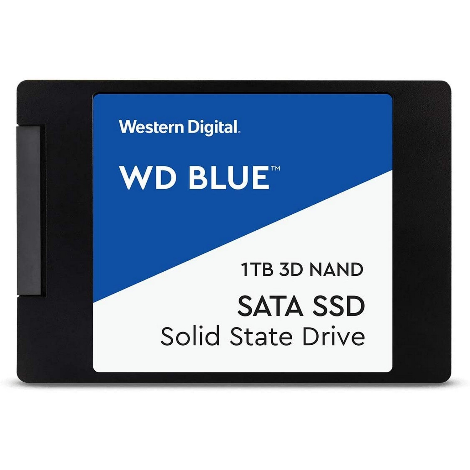 SSD SATA WD Blue negra y azul sobre fondo blanco. La etiqueta dice: WD BLUE 1TB 3D NAND SATA SSD.