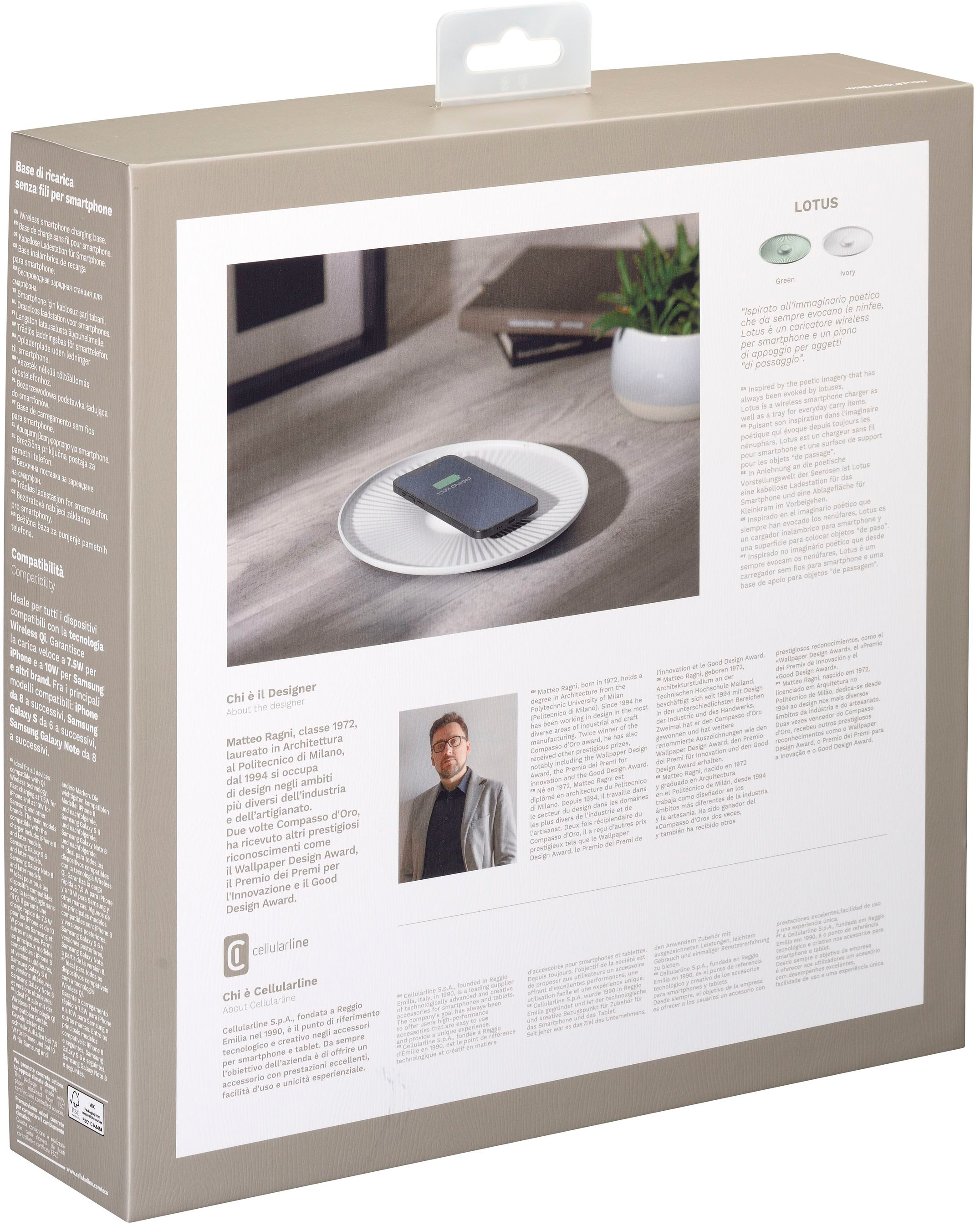 Une boîte de produit avec du texte et des images. La boîte présente un chargeur sans fil et un smartphone sur une assiette.