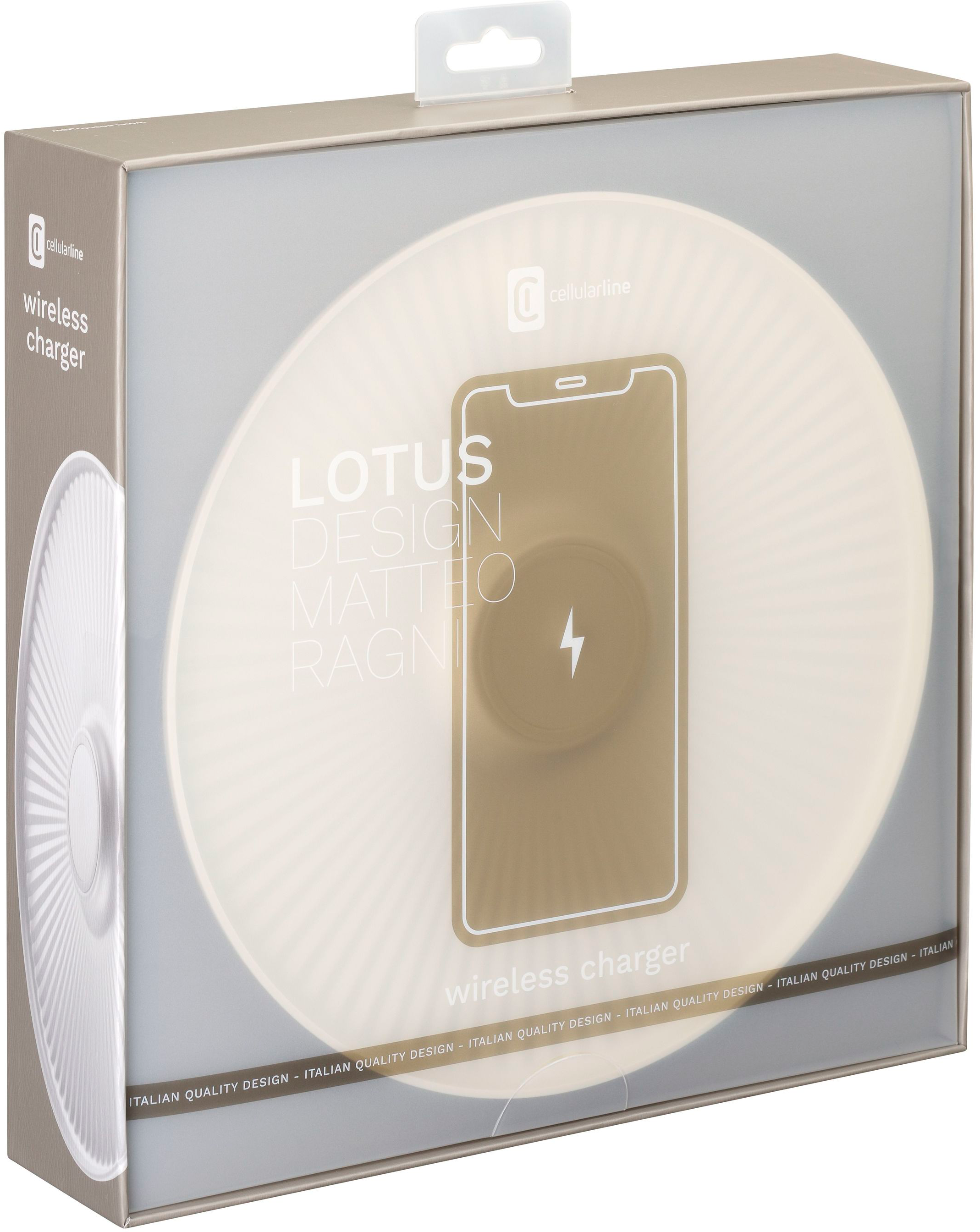 Un chargeur sans fil blanc dans une boîte. Le design du chargeur a un graphique de téléphone.