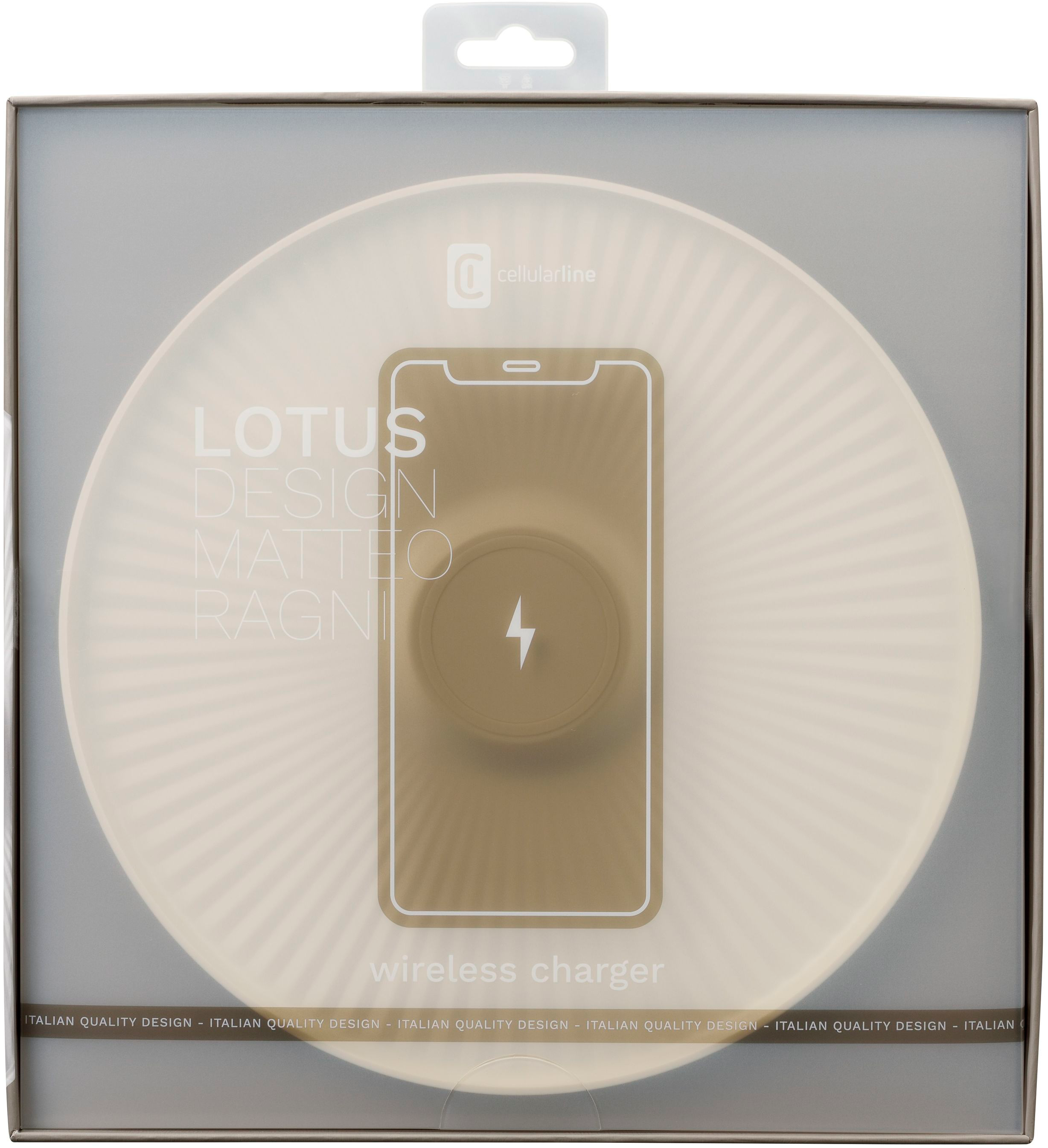 Chargeur sans fil dans une boîte. Chargeur blanc avec une image de téléphone dessus. La boîte est transparente.