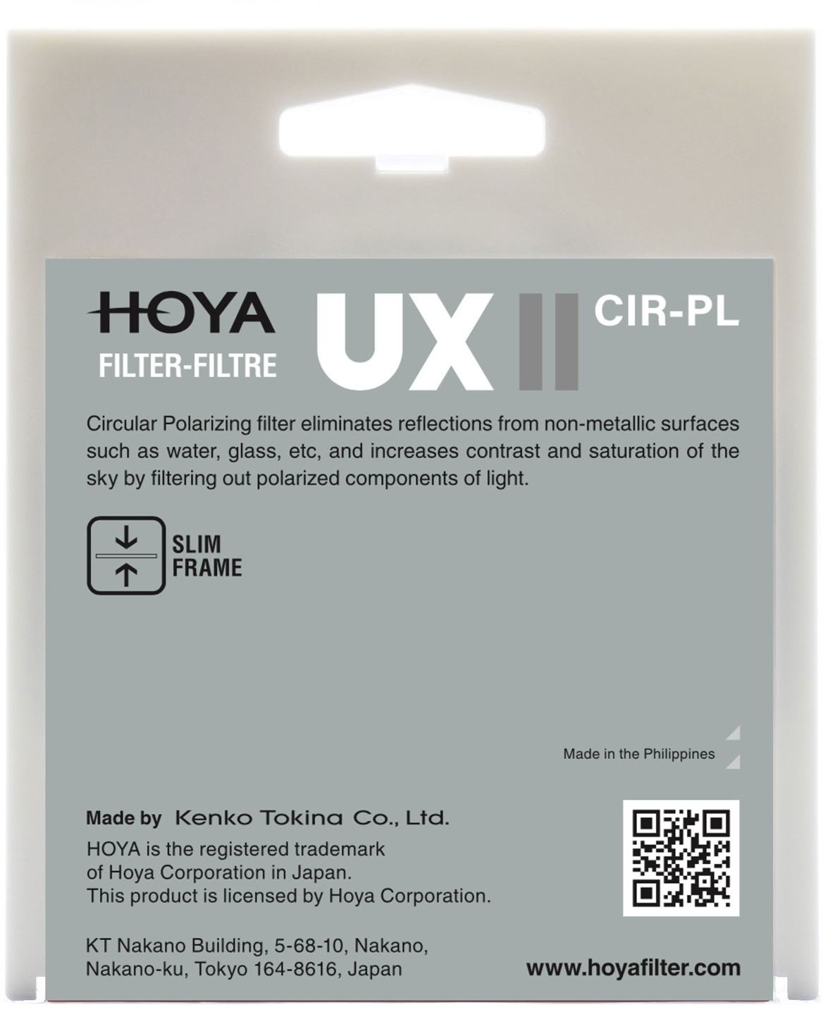 Eine weiße Filterverpackung mit Text, die Produktinformationen und einen QR-Code zeigt.