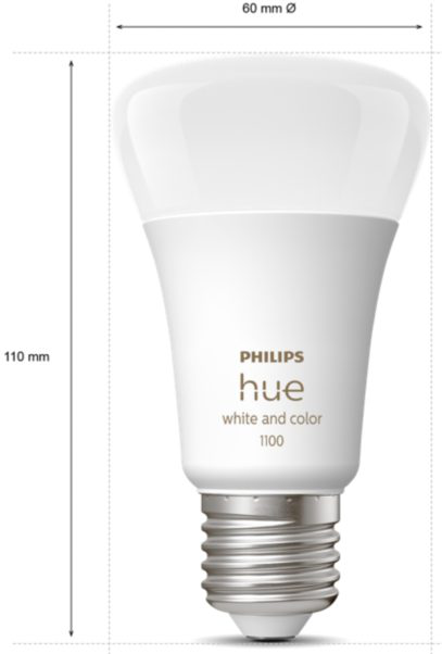 Lampadina intelligente Philips Hue bianca, dimensioni e testo su sfondo bianco.