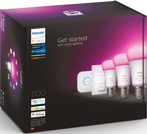 Scatola di illuminazione intelligente Philips Hue. Contiene lampadine, un hub e un telecomando, con luce rosa.