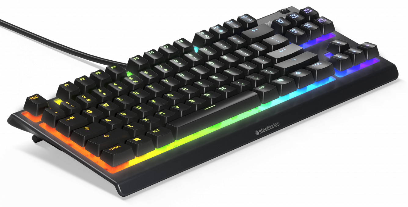 A black gaming keyboard with color changing keys and a cable.