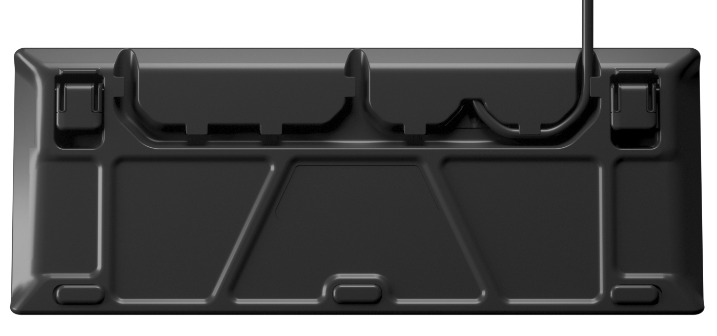 Black keyboard bottom view, with feet and ports.
