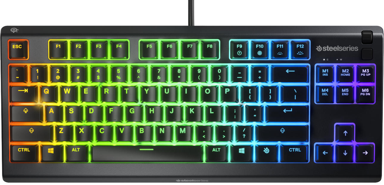 Een zwart toetsenbord met regenboogkleurige toetsen. Het toetsenbord heeft een Steelseries-logo. De toetsen lichten op.