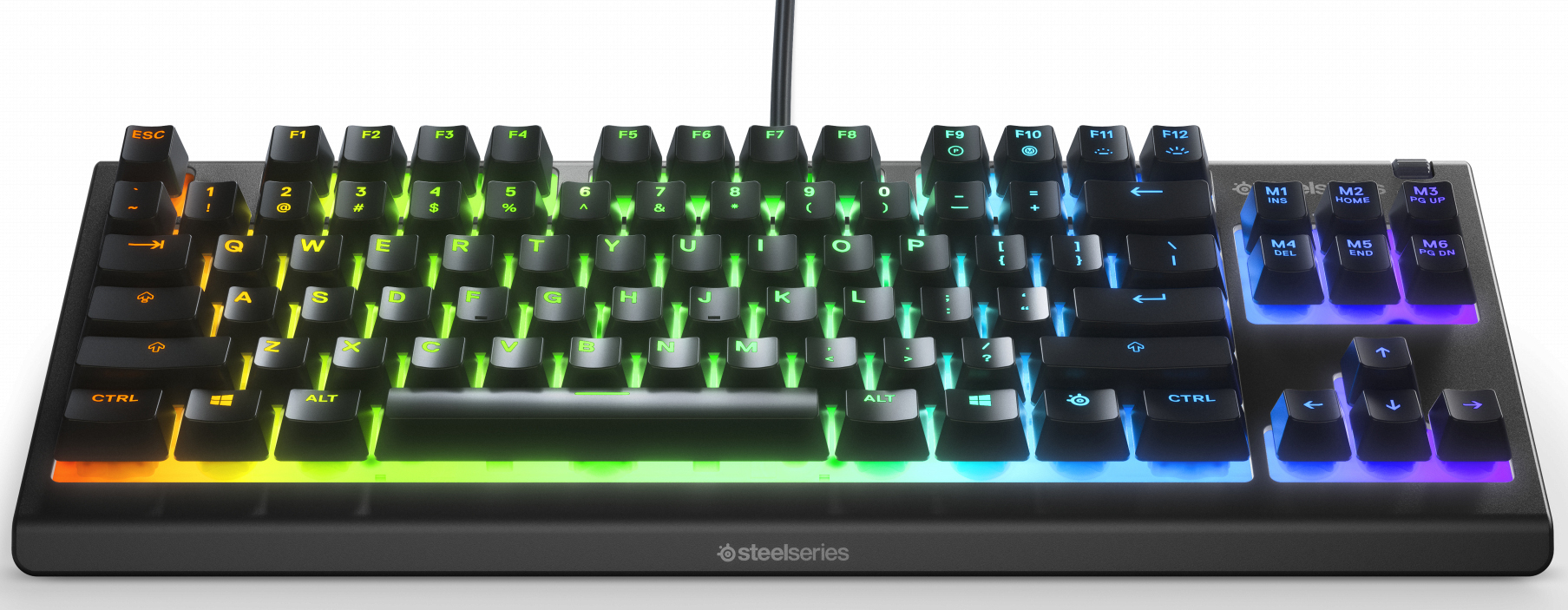 Black, backlit mechanical keyboard with rainbow-colored keys. SteelSeries logo at bottom.