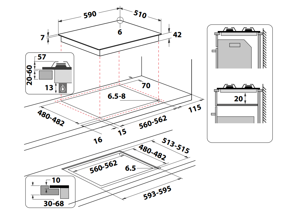 Főzőlap diagramja méretekkel. Szürke és fehér, szaggatott vonalakkal és feliratozott méretekkel.