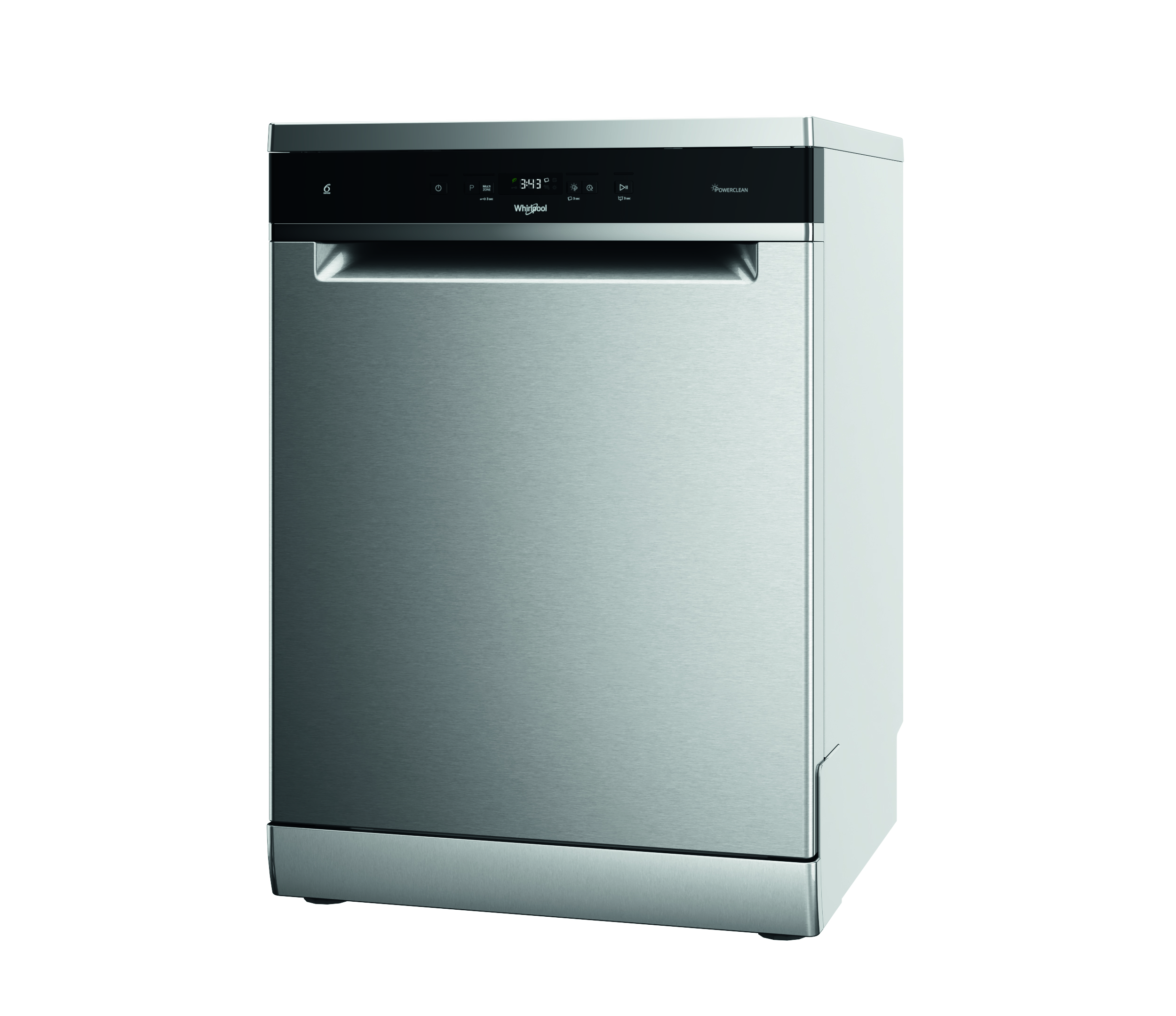 Ezüst rozsdamentes mosogatógép, Whirlpool márkával, fehér háttéren.