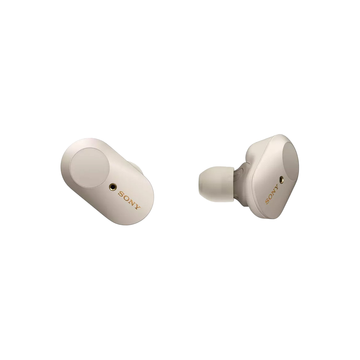 Dos auriculares inalámbricos blancos. Etiqueta 'SONY'. Fondo negro.
