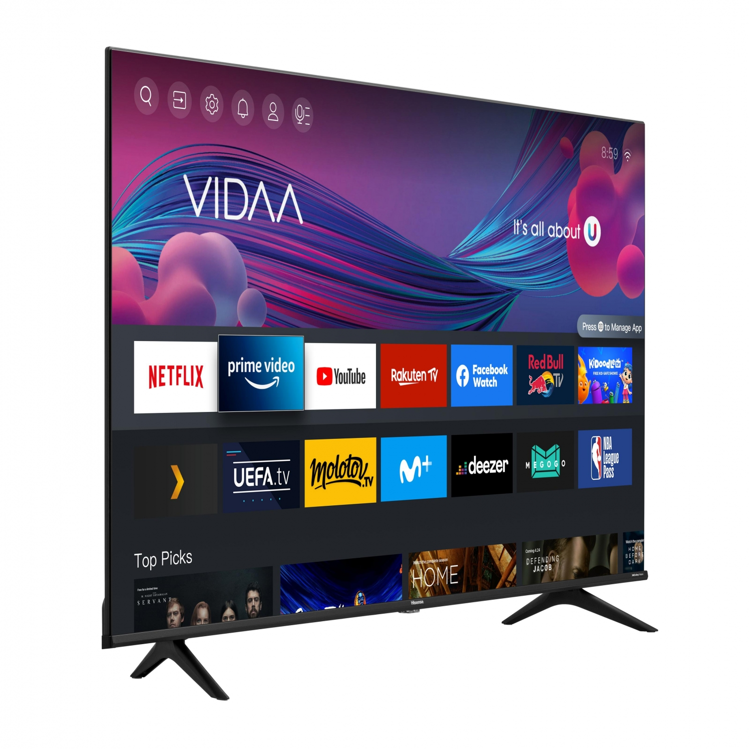 Una gran pantalla de TV muestra aplicaciones como Netflix, YouTube y Prime Video. Está sobre un soporte.