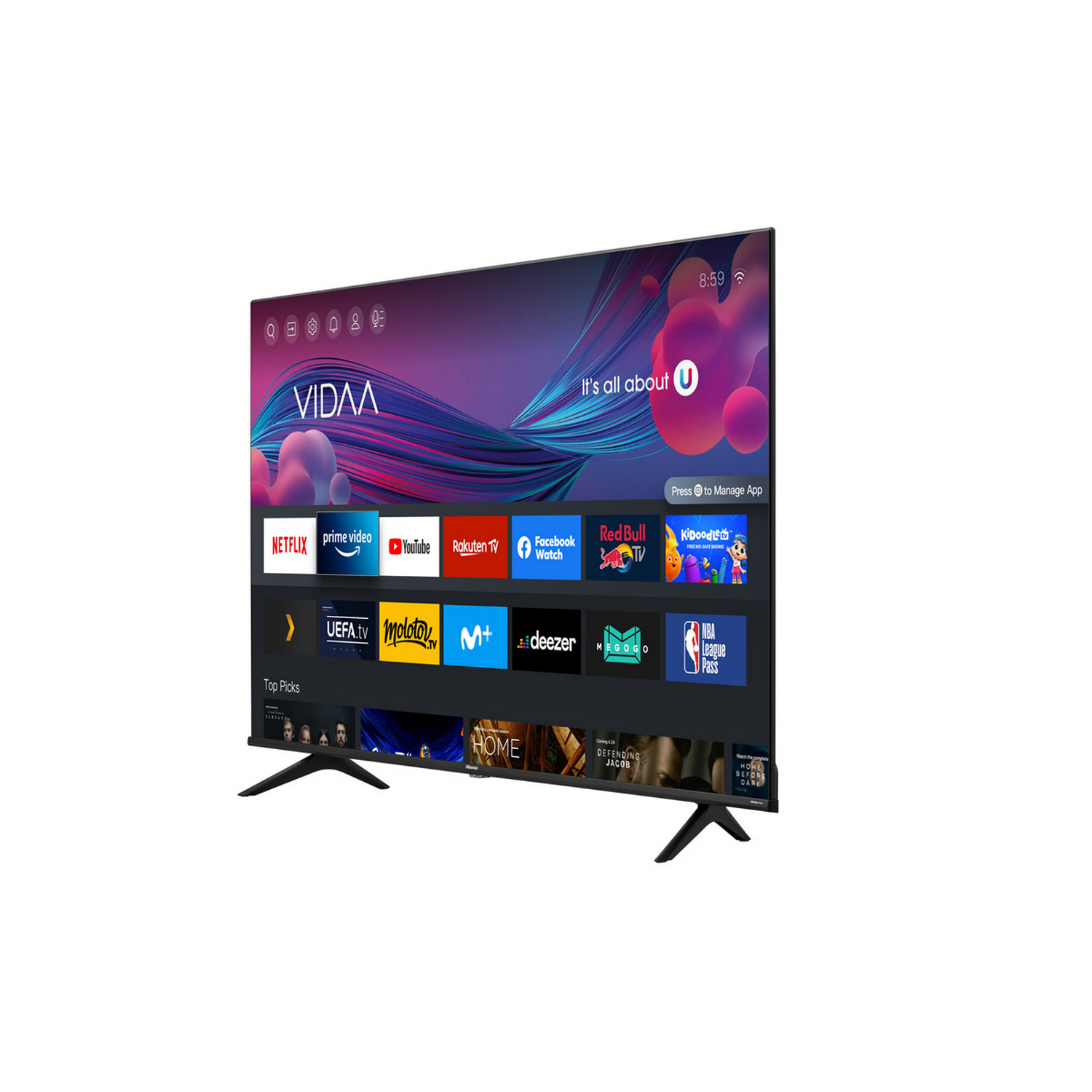 Un televisor de pantalla grande que muestra una interfaz de usuario con iconos de aplicaciones y hora.