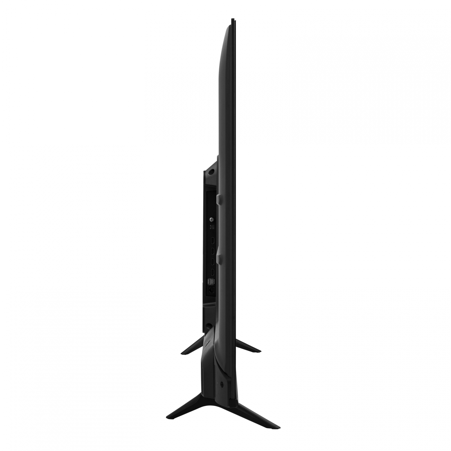 Vista lateral de un televisor negro con su soporte. Muestra los puertos y el perfil lateral.