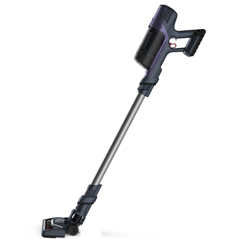 Rowenta X-Force Flex 11.60 stofzuiger. Blauw en grijs kleurenschema, schuin op een witte achtergrond.