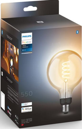 Una lampadina in una scatola. La lampadina ha una forma a globo e un filamento a spirale.