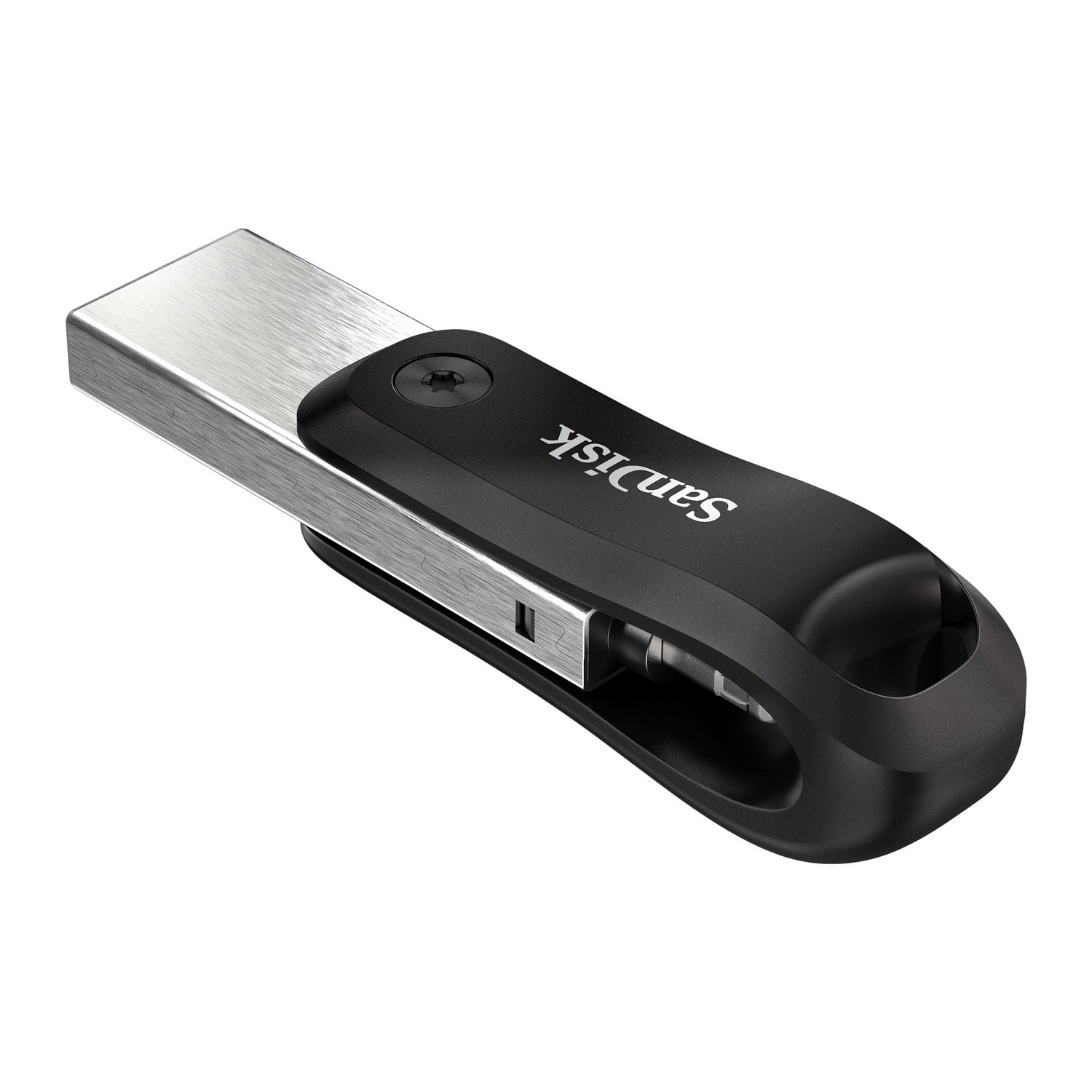 Unidad USB negra y plateada, con el logotipo de Sandisk visible.