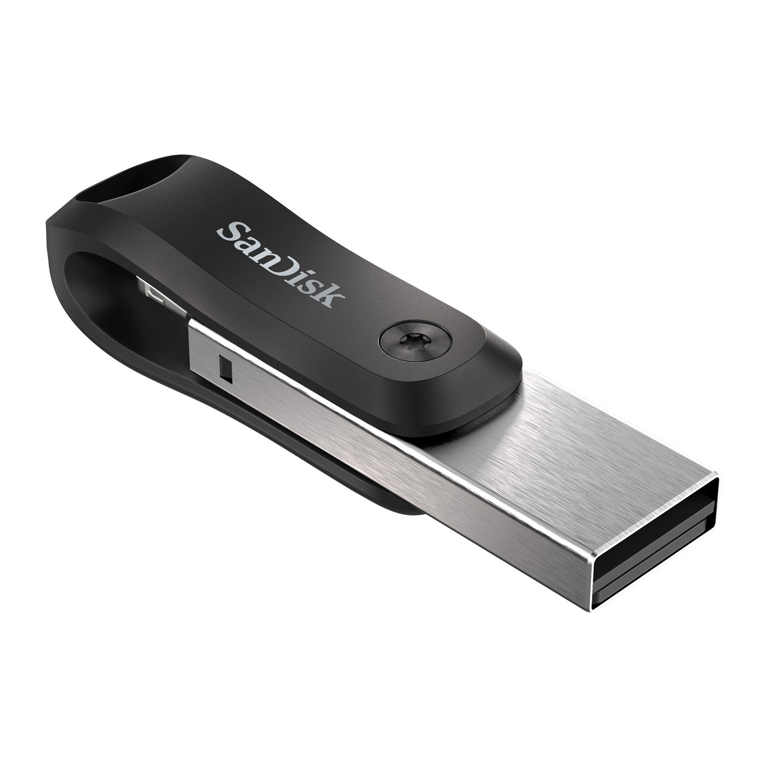 Una memoria USB Sandisk negra y plateada. El logotipo de Sandisk es visible en la parte negra.