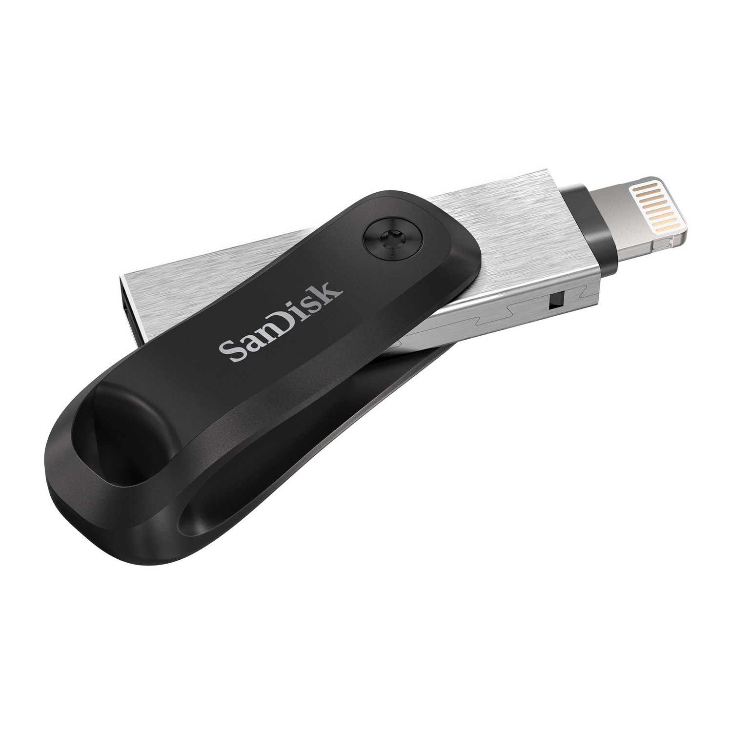 Unidad flash USB negra y plateada con el logotipo de Sandisk, fondo blanco.