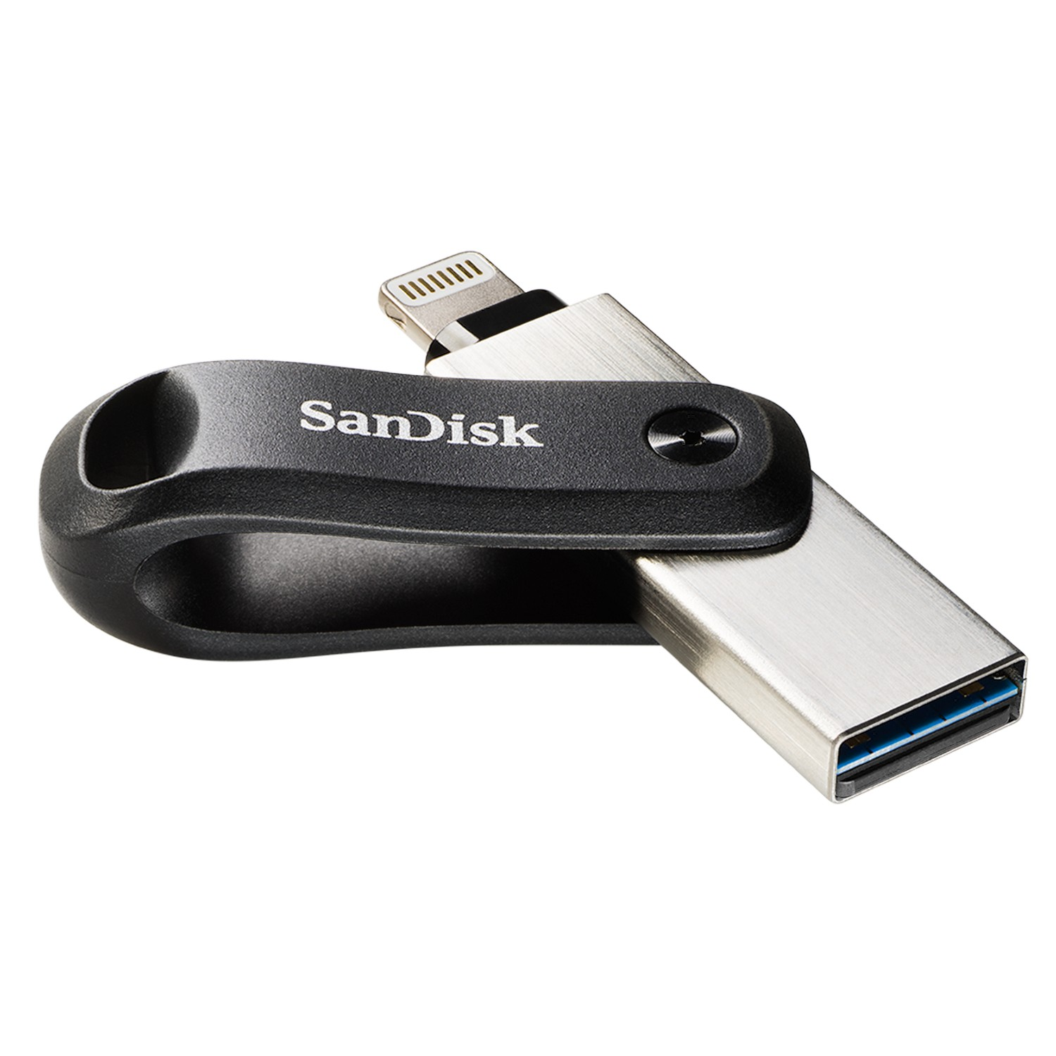 Unidad flash USB SanDisk negra y plateada con conector Lightning.