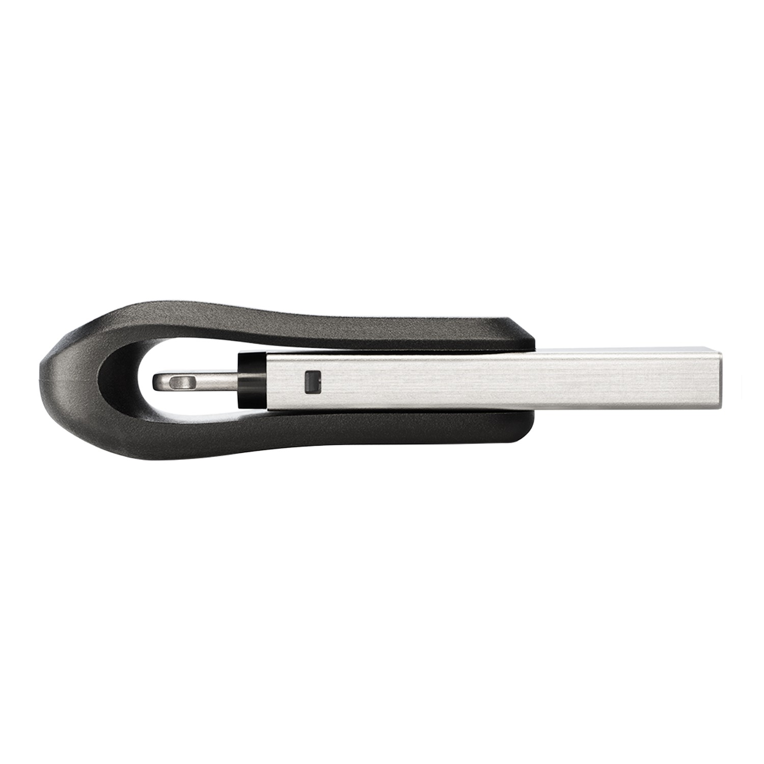 Unidad flash USB con diseño metálico y negro.