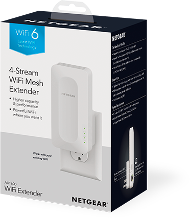Weiße Netgear Wi-Fi Extender-Box. Text auf der Box lautet „WiFi 6“ und „4-Stream WiFi Mesh Extender“.
