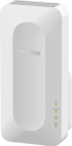 Weißer Netgear Netzwerk-Extender, vertikal ausgerichtet mit grünen Statusleuchten.
