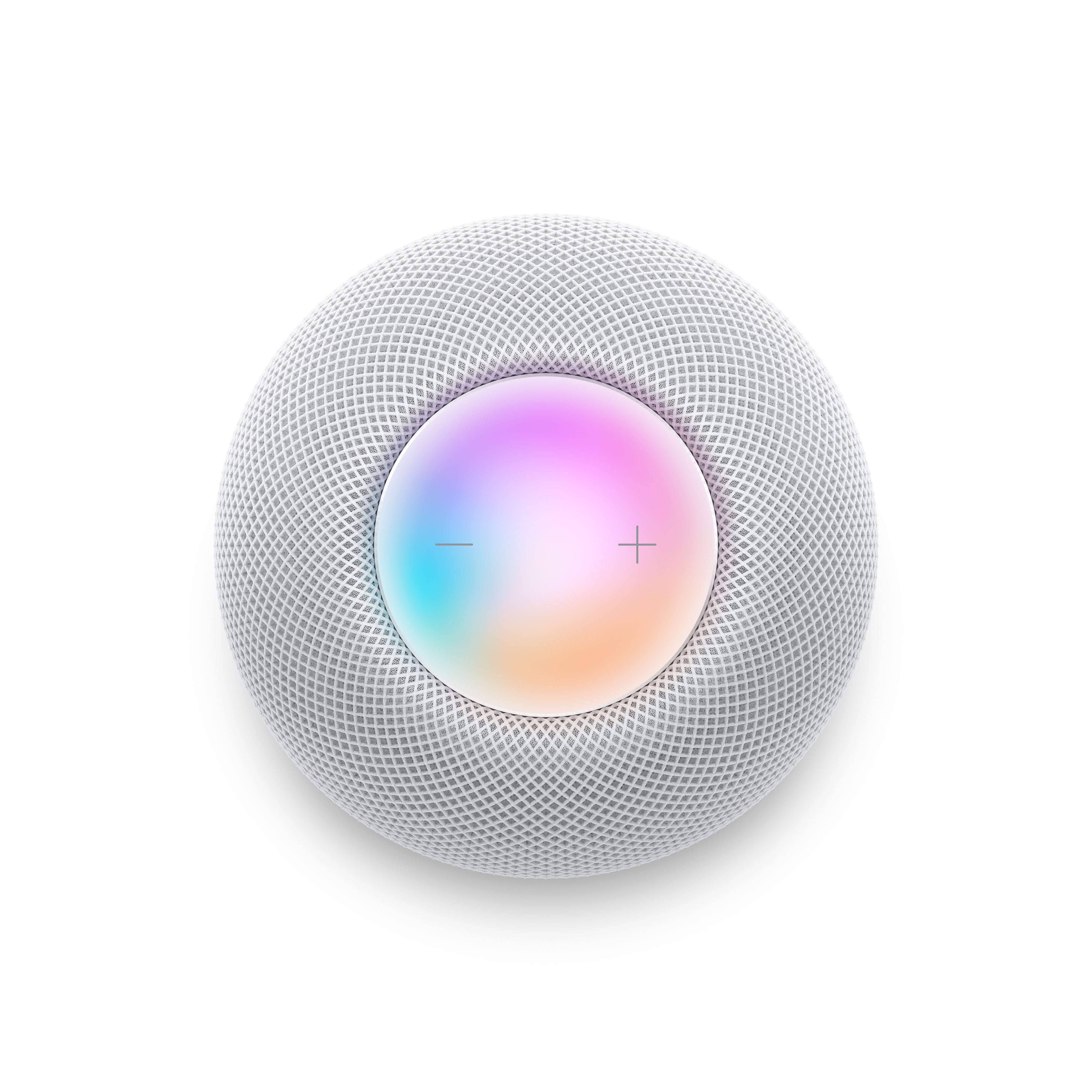 Draufsicht auf einen weißen Smart-Lautsprecher mit farbigem Licht oben und einem Pluszeichen.