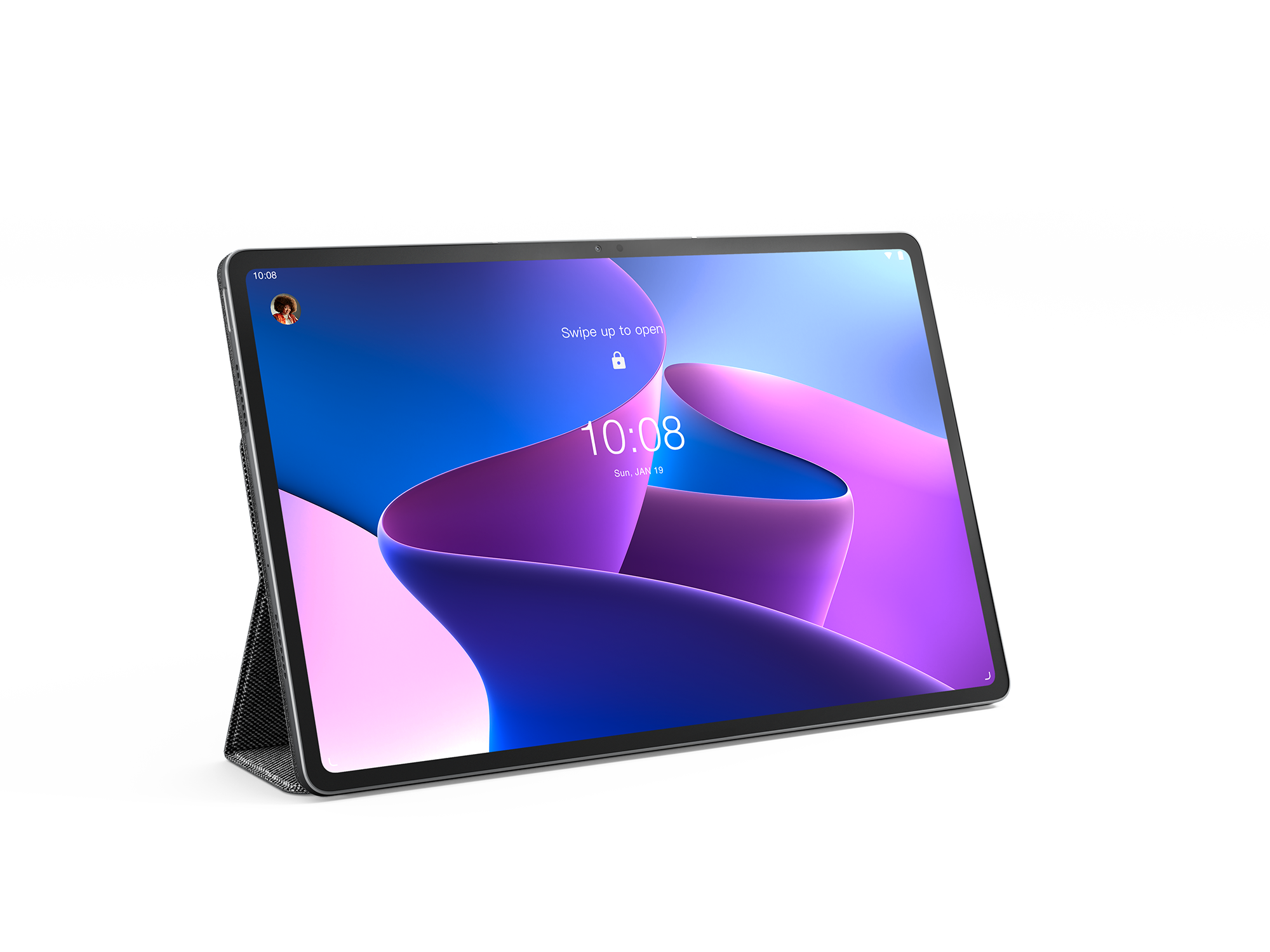 Een tablet met een zwarte rand en een scherm met een paars en blauw abstract ontwerp, op een standaard.
