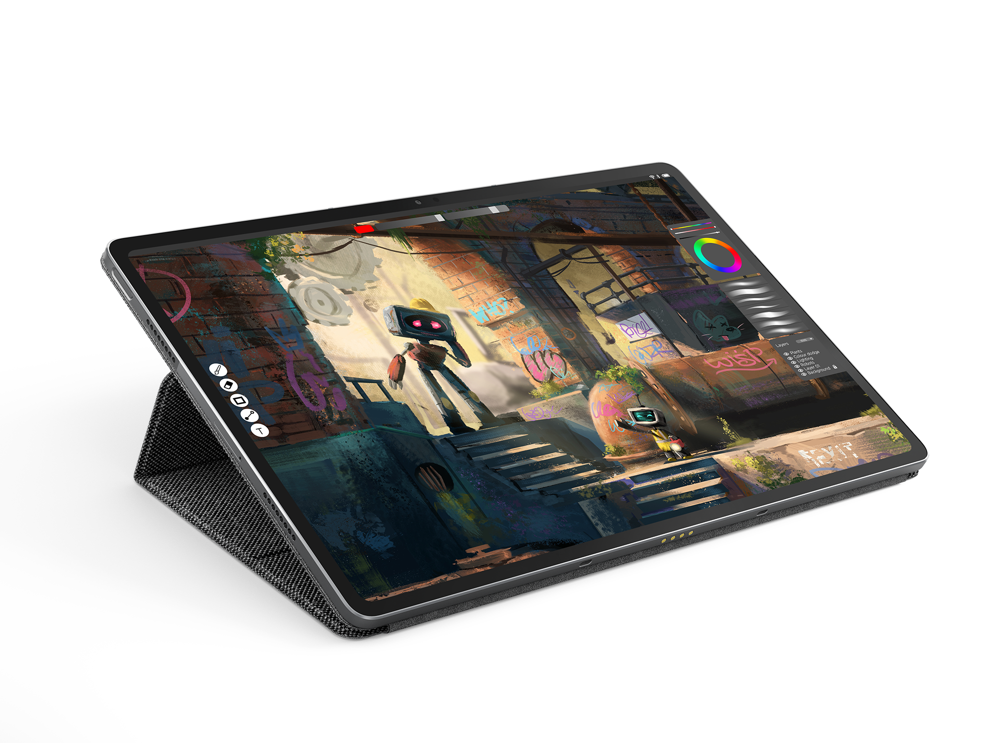 Tablet met een digitale schildering, op een standaard.