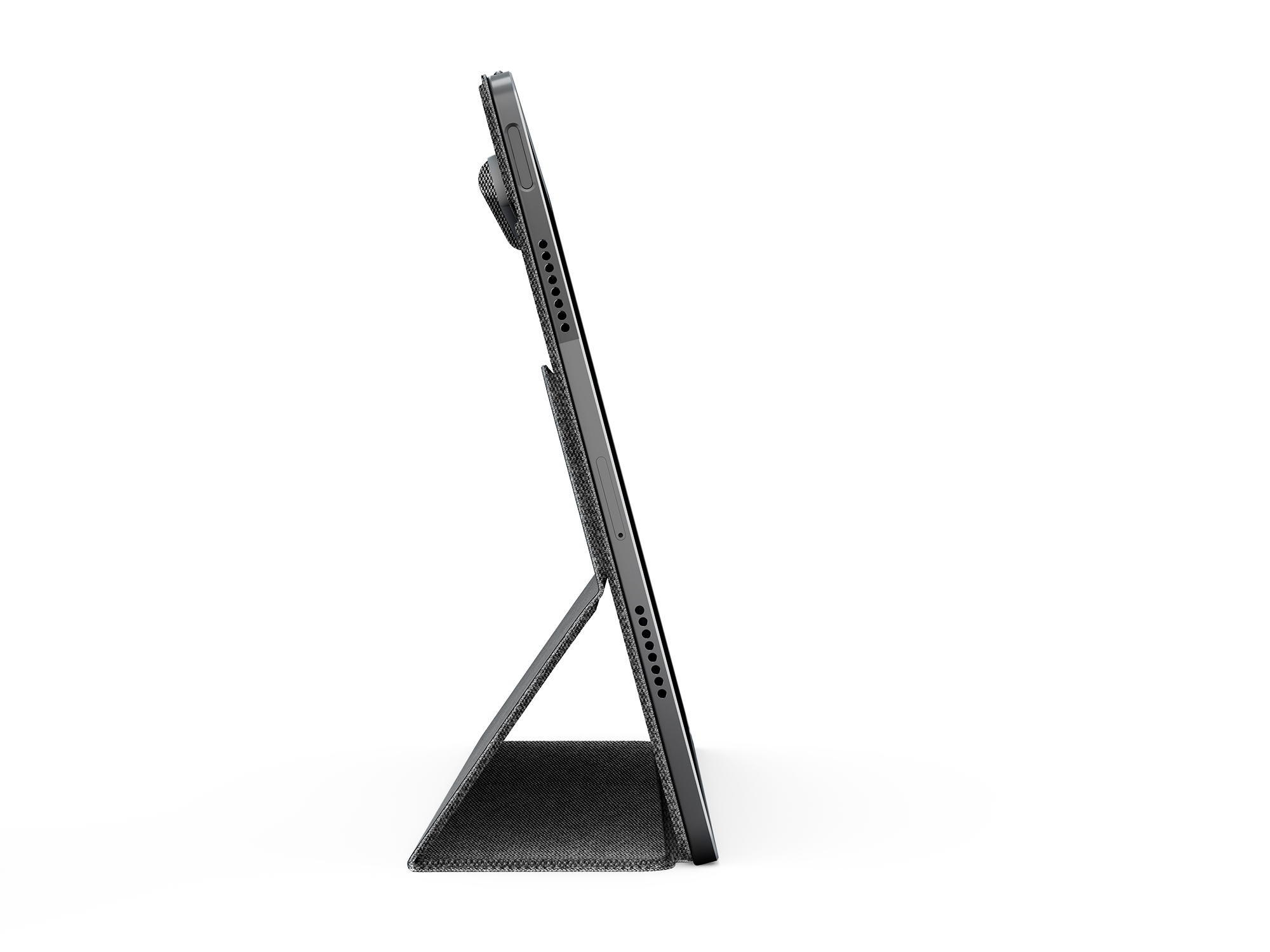 Een zwarte tablet met een donkere hoes, onder een hoek geplaatst.