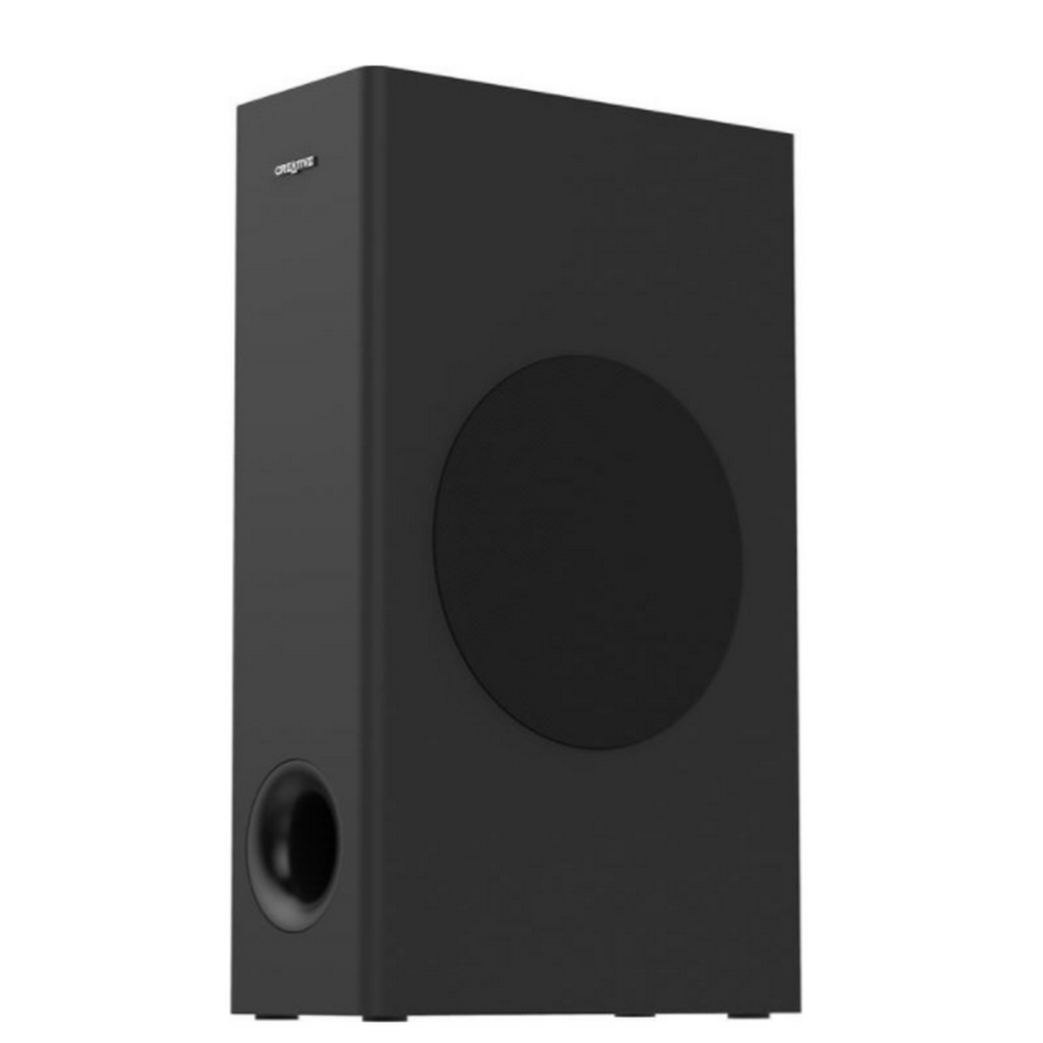 Un altavoz subwoofer negro con una gran abertura circular y un puerto más pequeño.