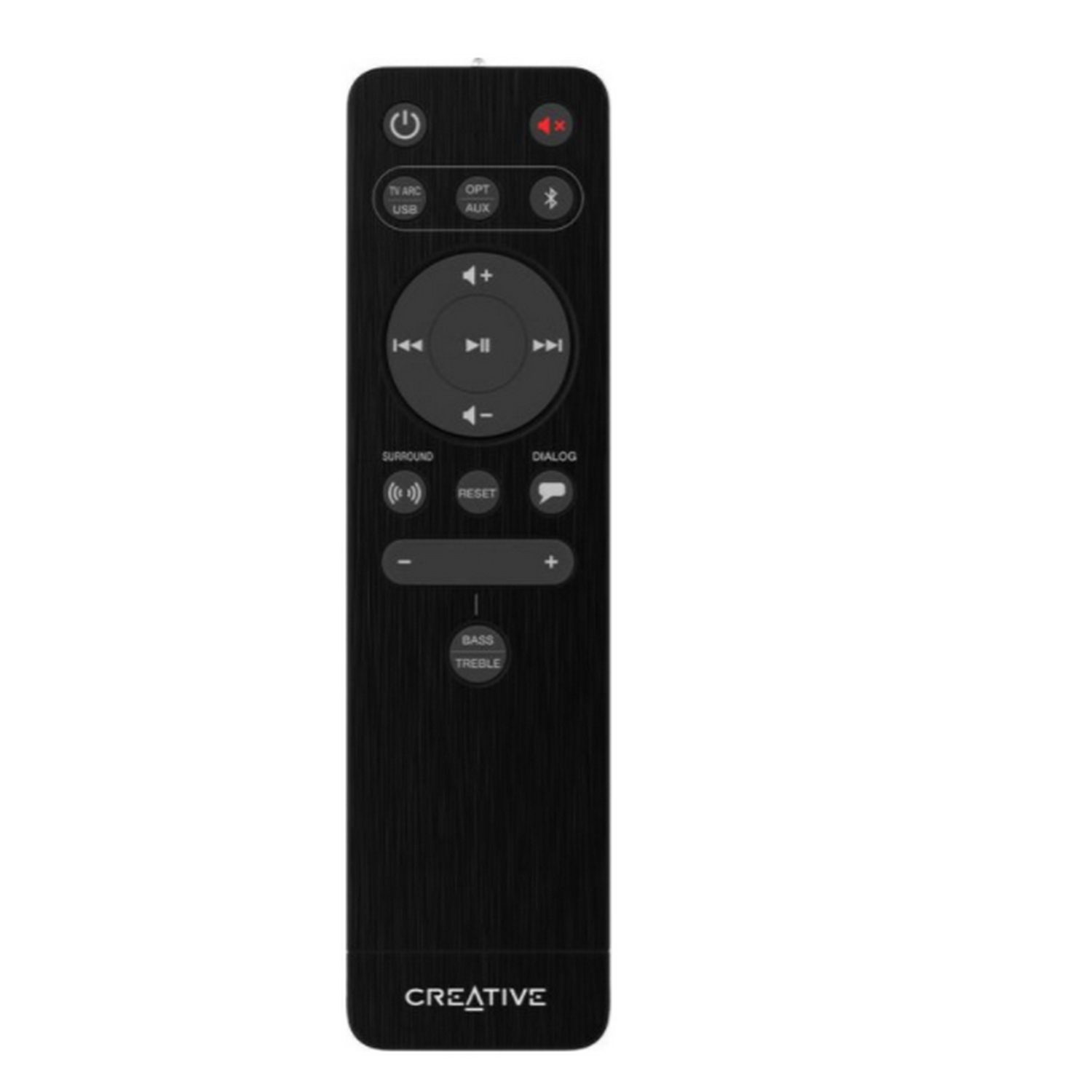 Un mando a distancia negro de Creative. Tiene varios botones para controlar un dispositivo.
