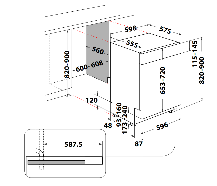 Egy mosogatógép méreteit ábrázoló diagram.