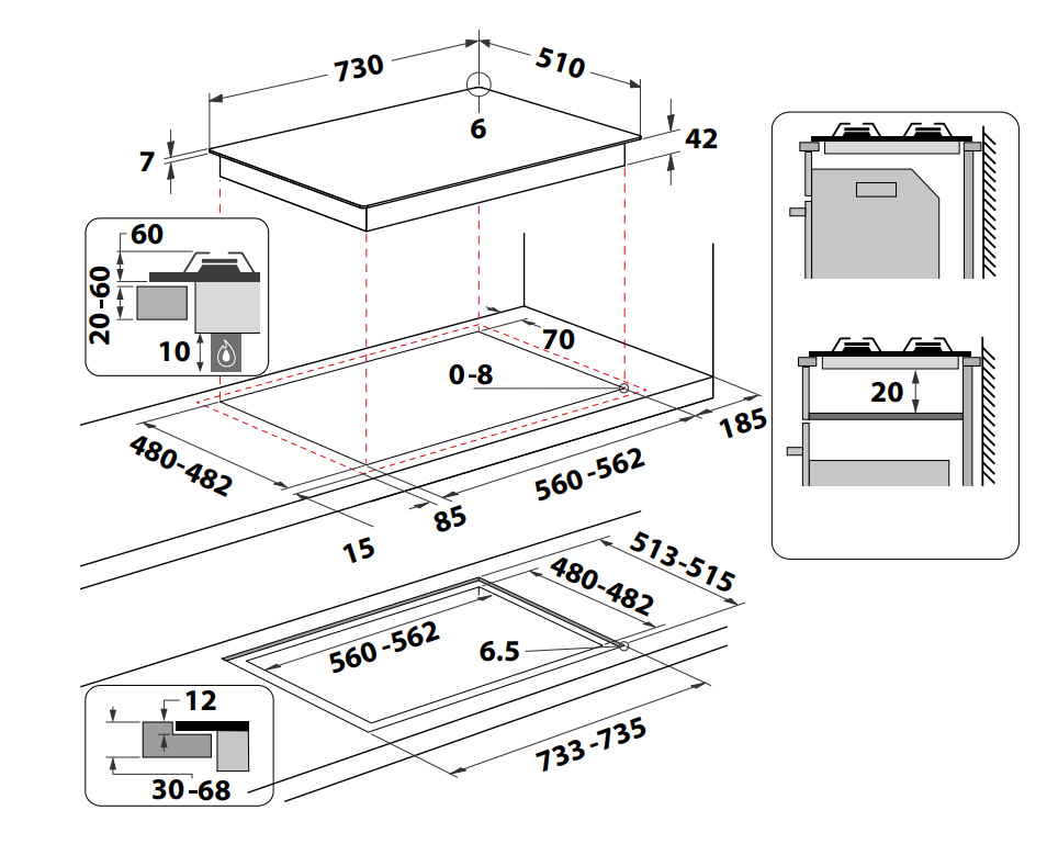Főzőlap diagramja méretekkel és kivágási utasításokkal konyhai környezetben.