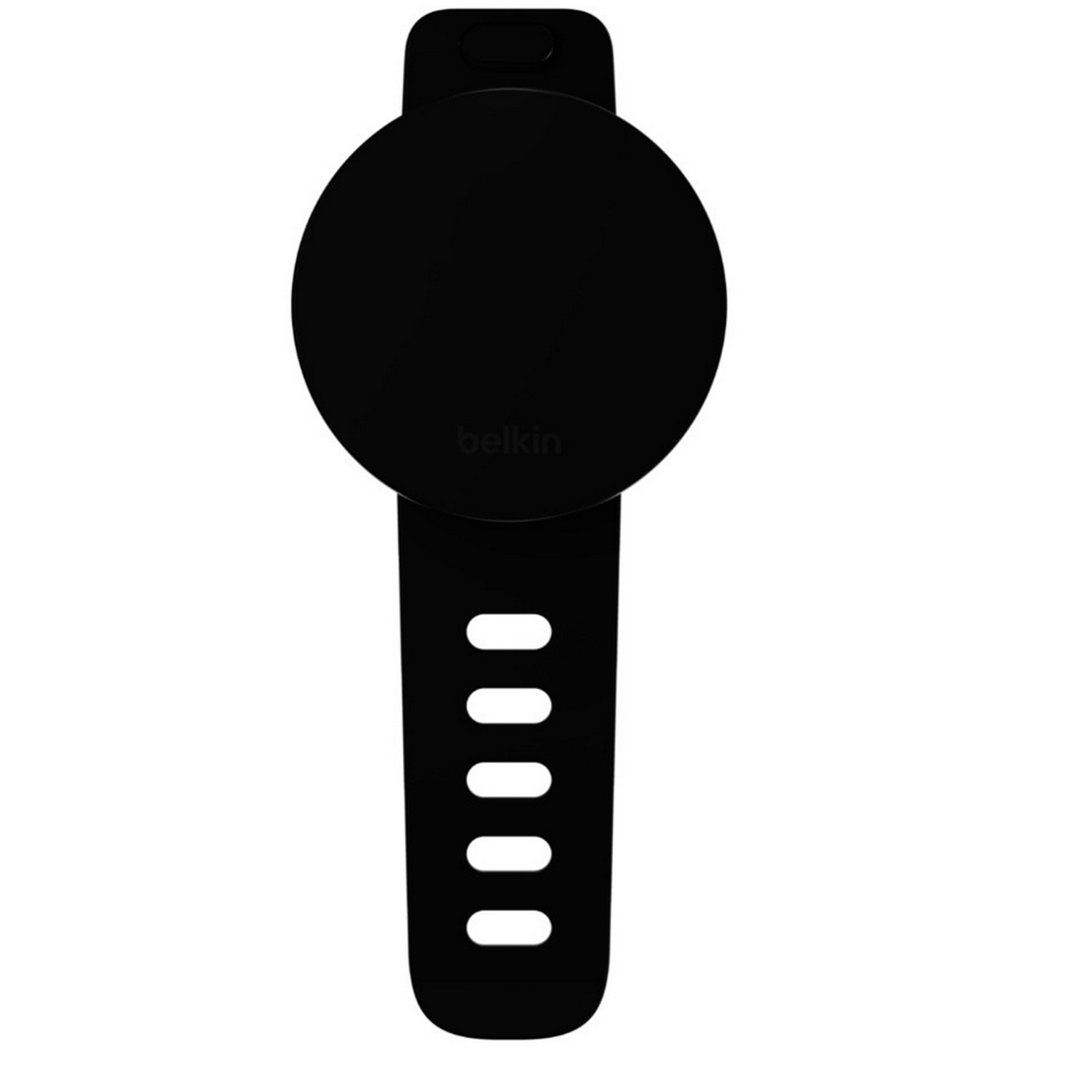 Pulsera negra Belkin con un módulo circular y cinco agujeros en la correa, sobre blanco.