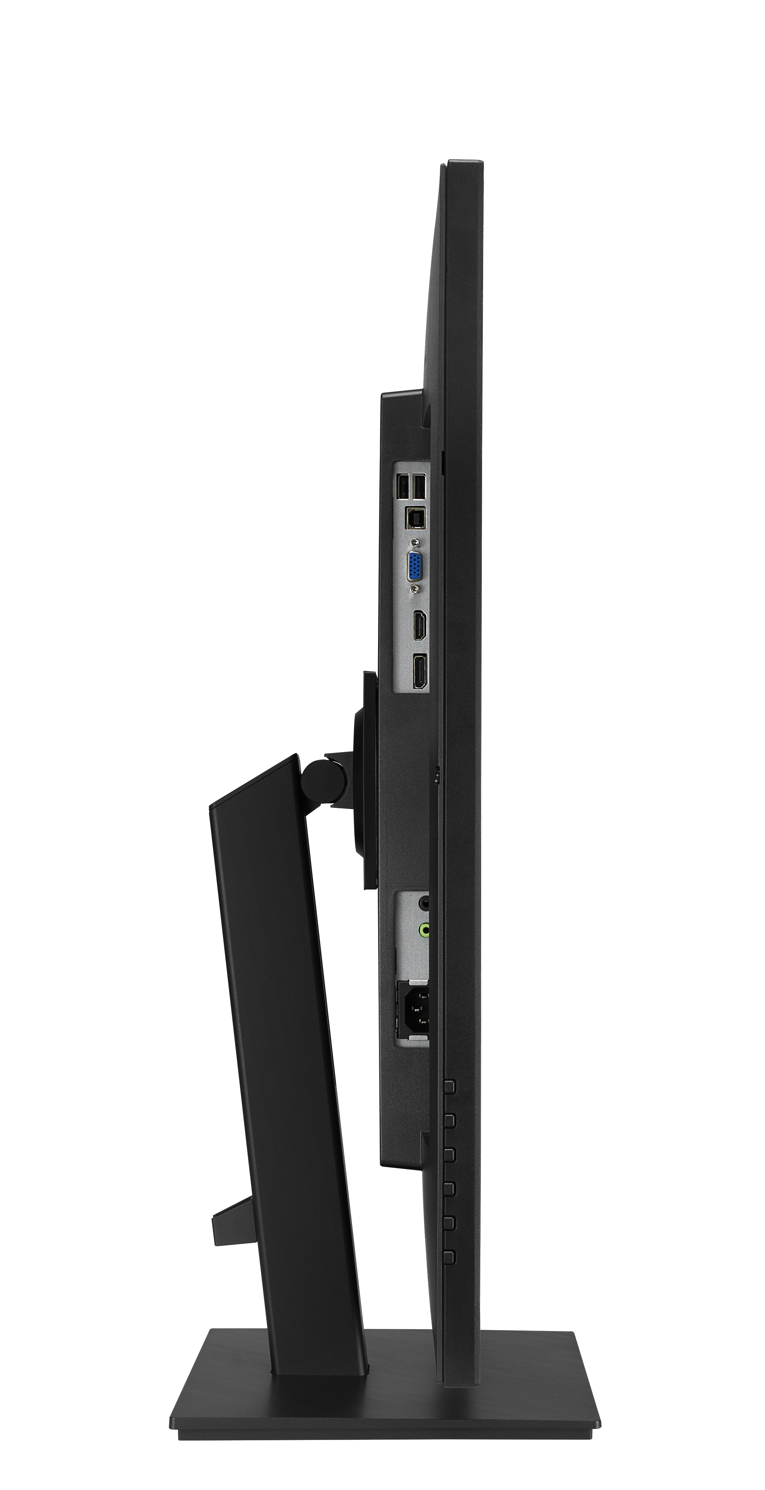 Schwarzer Computermonitor Seitenansicht, mit Ständer, Anschlüssen und Knöpfen. Weißer Hintergrund.