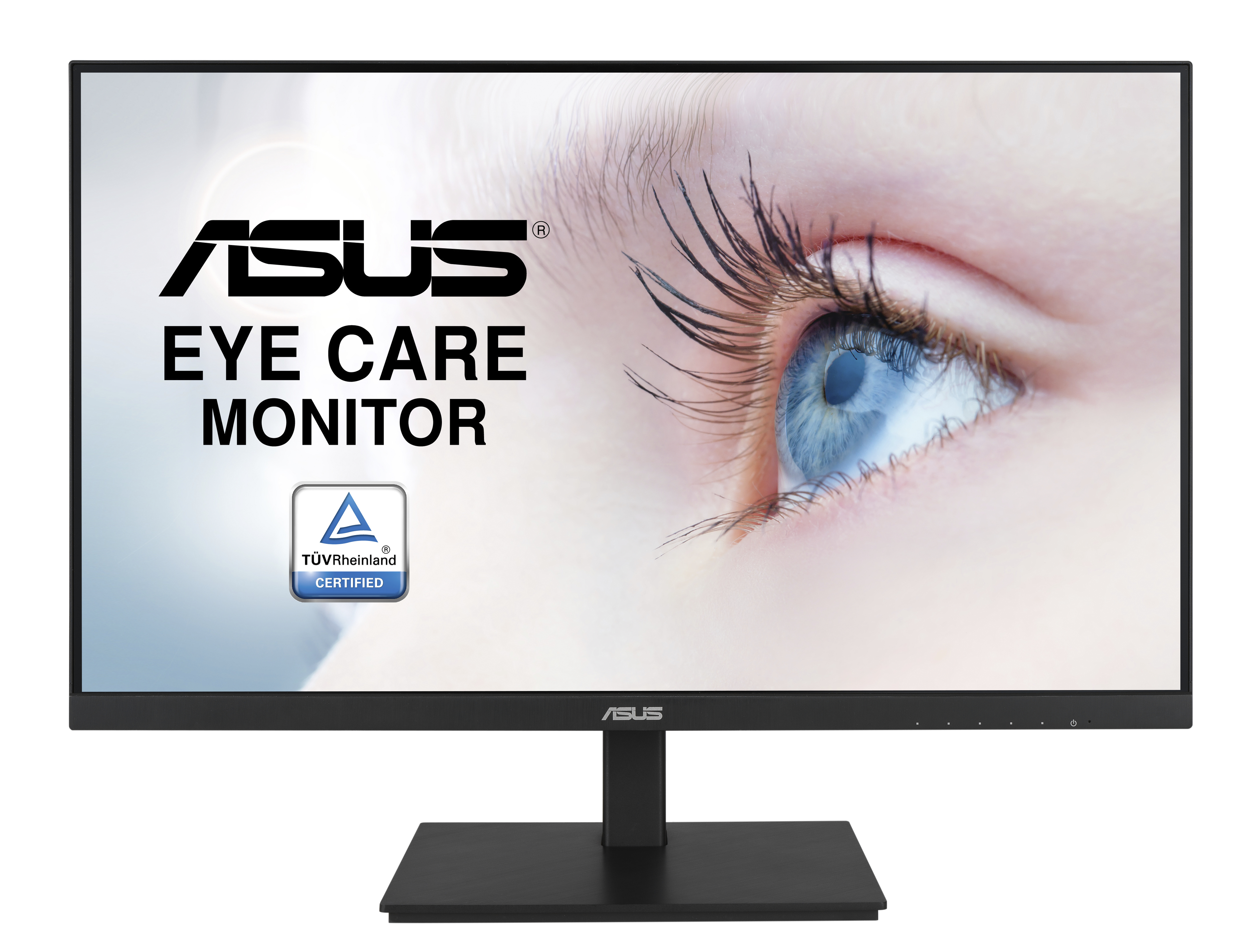 ASUS Eye Care Monitor mit Nahaufnahme eines Auges auf dem Bildschirm und schwarzem Ständer.
