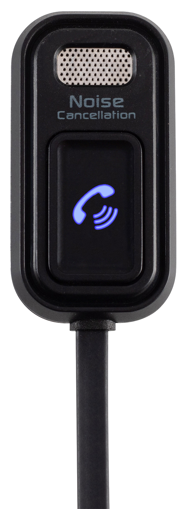 Fekete zajszűrő eszköz mikrofonnal és telefon ikonnal.