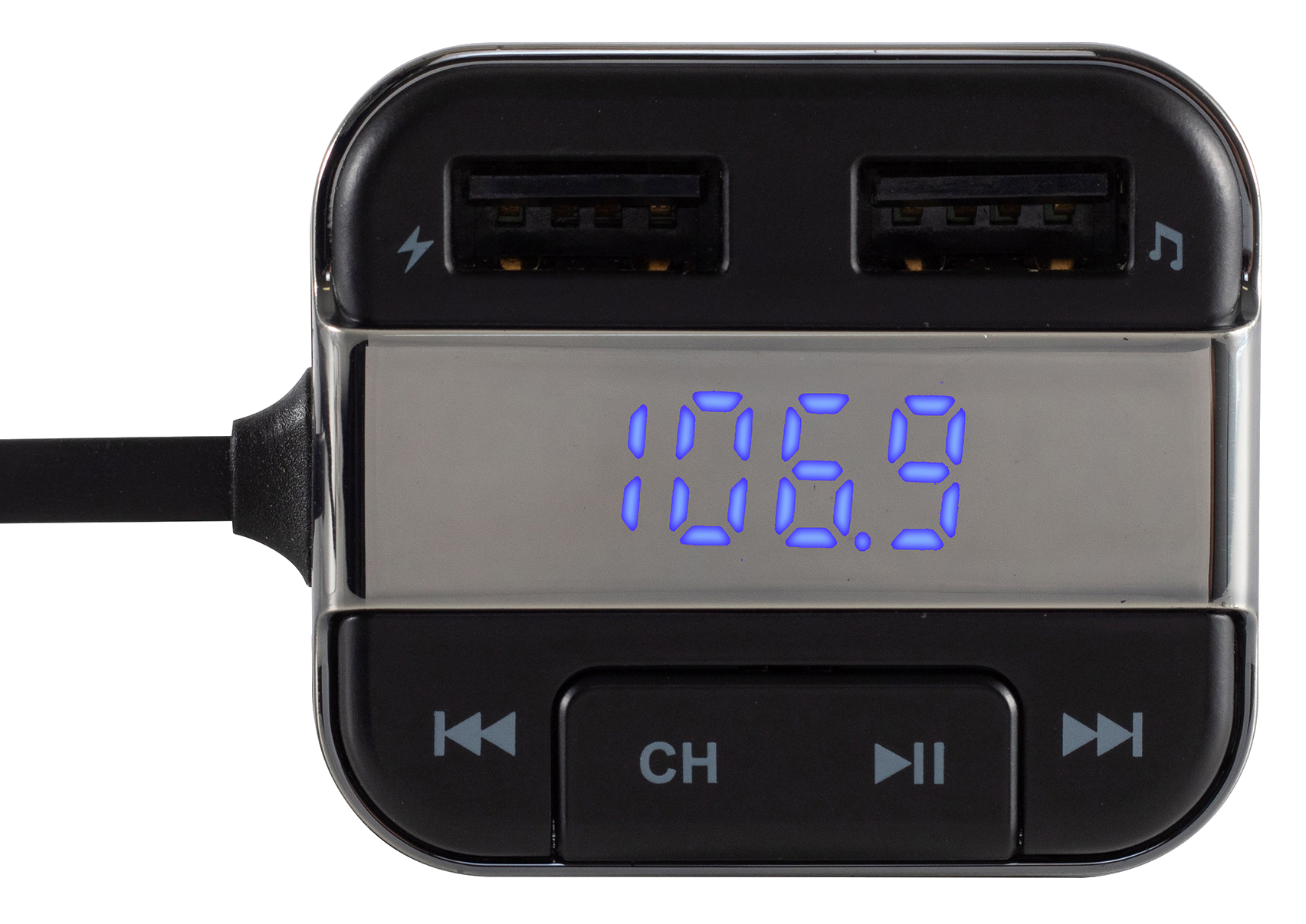 Autós töltő USB portokkal, "106.9" kijelzővel és gombokkal.