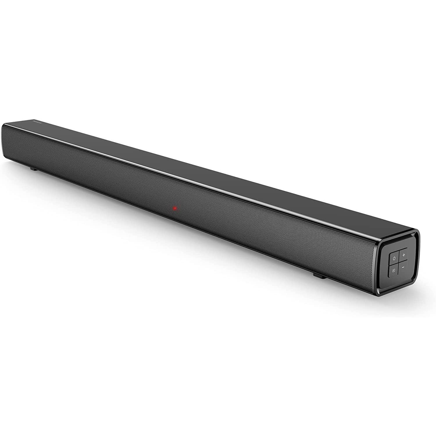 Una barra de sonido negra con luz indicadora roja y botones de control a la derecha.