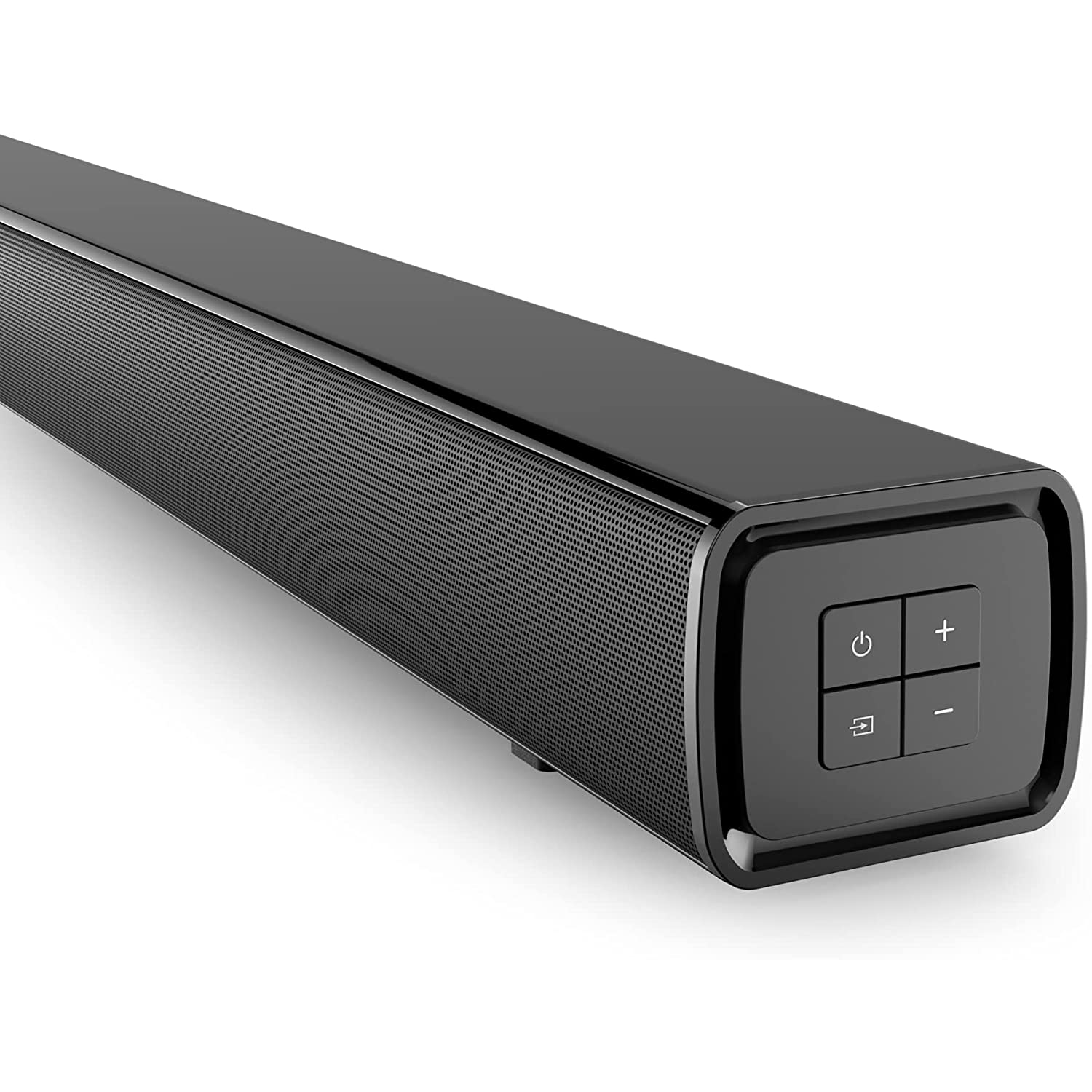 Barra de sonido negra con altavoz de malla. Cuenta con botones de encendido y volumen. Colocada sobre fondo blanco.