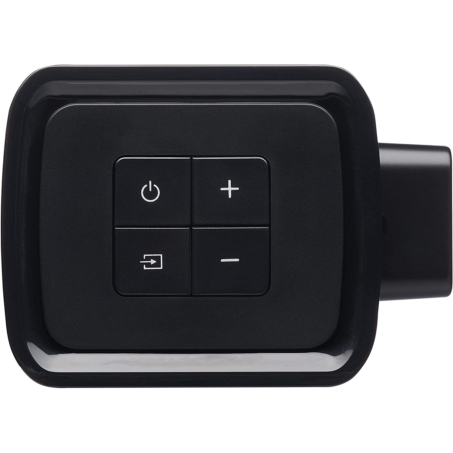 Un primer plano de un panel de control de altavoz negro con botones.