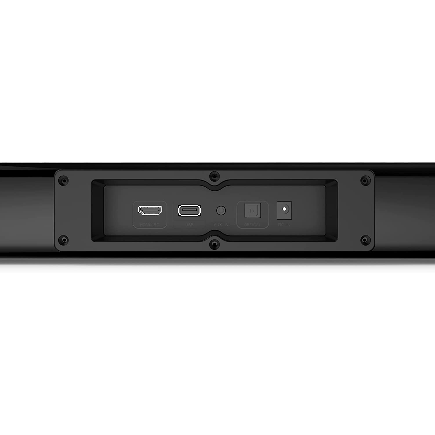 Primer plano de una barra de sonido negra con puertos para HDMI, USB, AUX y audio óptico.