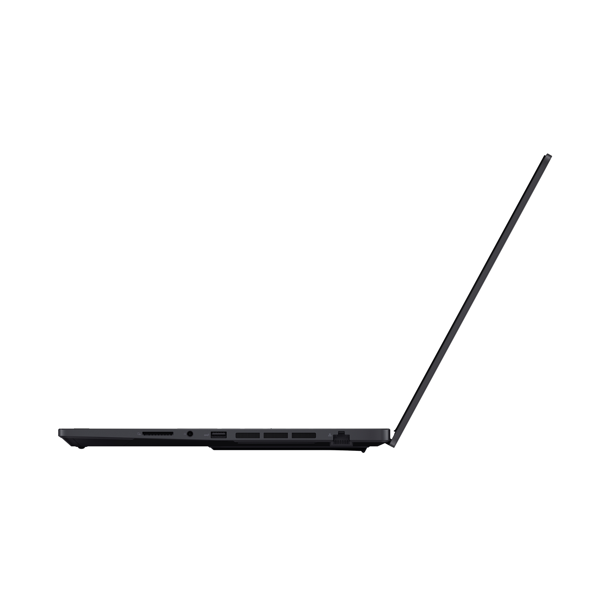 Schwarzer Laptop, Seitenansicht. Der Bildschirm ist geöffnet. Es hat mehrere Anschlüsse an der Seite. Die Oberfläche ist schwarz.