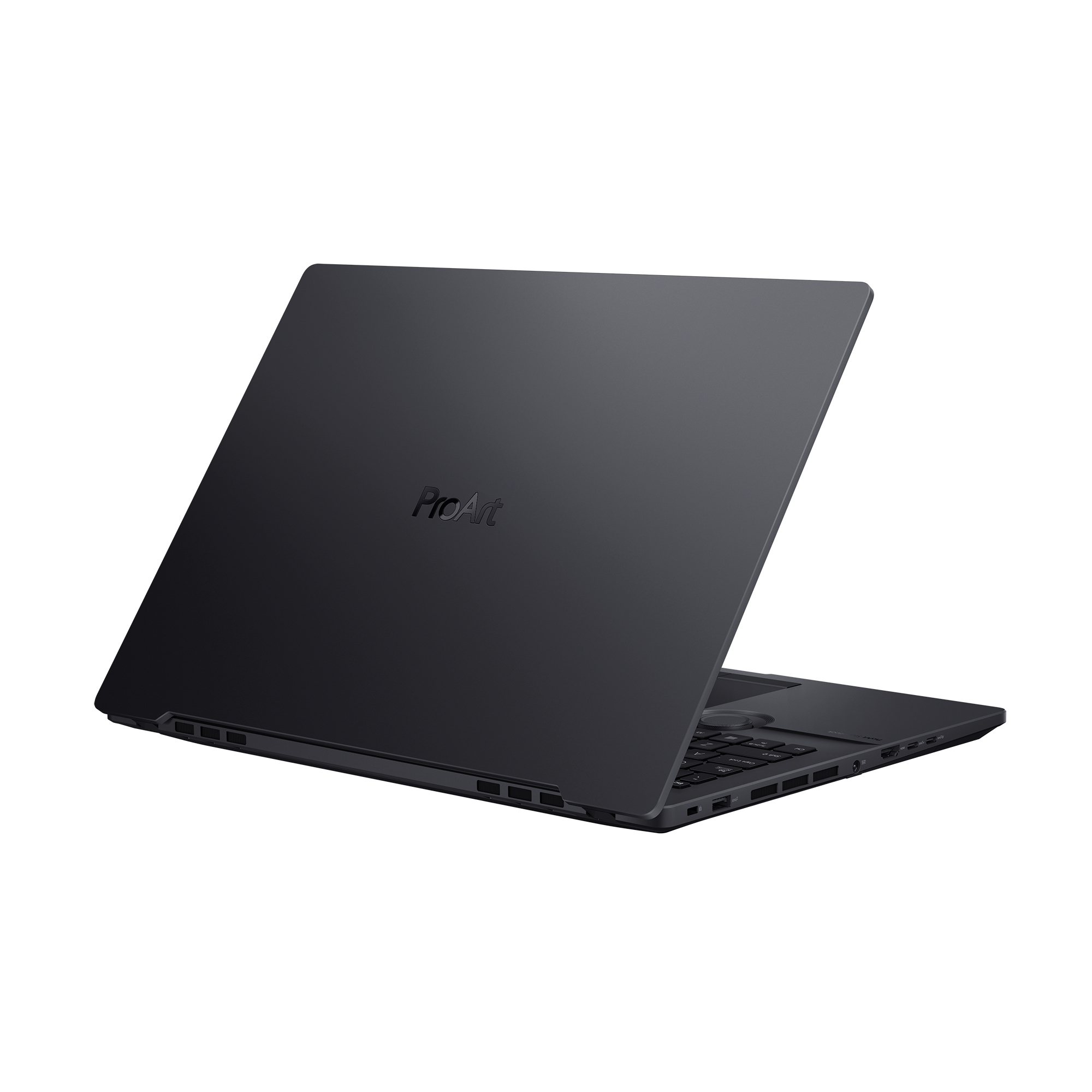 Schwarzer Laptop mit ProArt-Logo. Der Laptop ist geöffnet, von hinten gesehen.