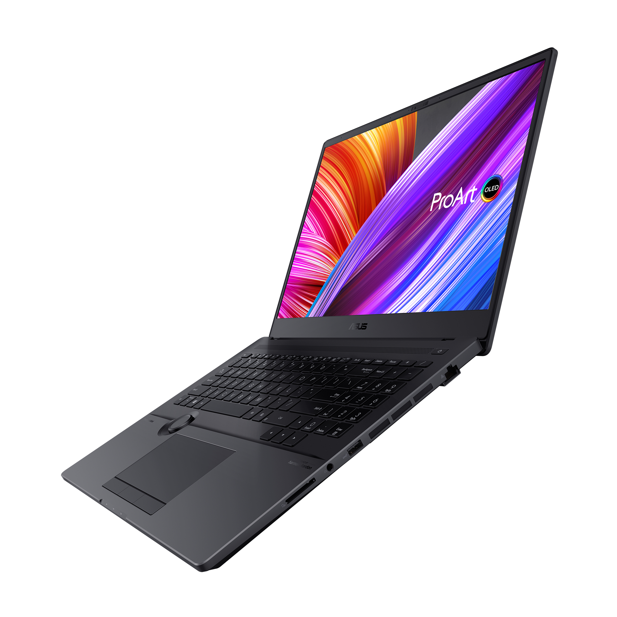 Dunkelgrauer Laptop mit farbenfrohem Bildschirm. Er ist nach oben geneigt und zeigt ein lebendiges Design.